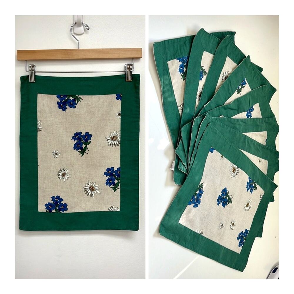 Set of 8 Linen-Cotton Floral Country Rustic Cottage Cloth Placemats or Napkins